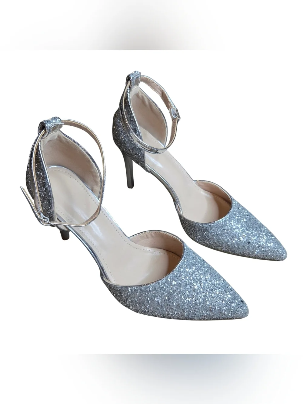 Silver Glitter Ankle-Strap Heels for Women